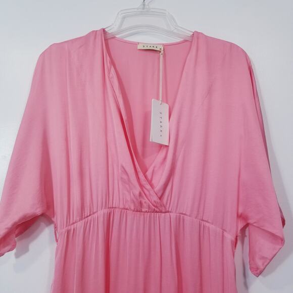 StarkX Pink Satin Geranium Maya Maxi Dress Empire Waist with Pockets - Picture 3 of 11